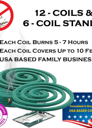 W4W Mosquito Repellent Coils - Outdoor Use Reaches Up to 10 feet - Each Burns for 5-7 Hours (Three Pack Contains 12 coils & 6 Stands)
