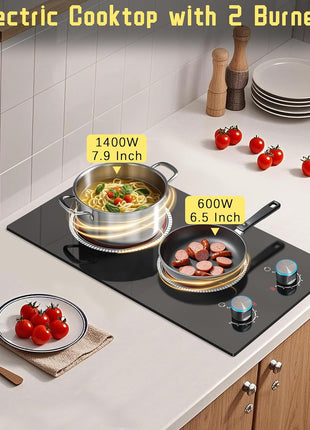 2 Burner Electric Cooktop 110V, Knob 12 Inch Electric Stove Top | 120V Stove Top Burner Knob Control, 2000W Countertop Stove, Timer, 9 Heating Levels, Overheat Protection, High-Temp Alarm