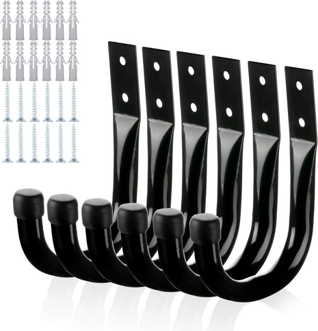 Metal Wall Hooks for Hanging Heavy Duty, 6Pcs Garage Organization and Storage Hook for Extension Cord Tool Coat Backpack Bag, Large Utility J Hooks, Black Wall Mount Hanges for Outdoor Indoor