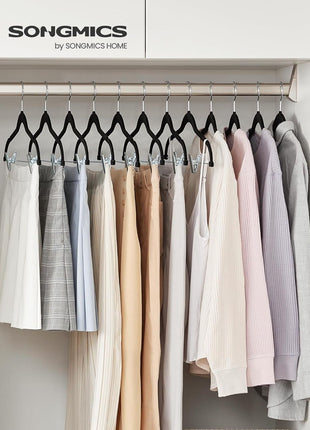 SONGMICS 30-Pack Pants Hangers, 16.7-Inch Long Velvet Hanger with Adjustable Clips, Heavy-Duty, Non-Slip Skirt Hangers, Space-Saving for Pants, Skirts, Coats, Dresses, Black UCRF12B30