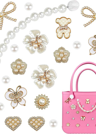 Charms for Bogg Bag,Decorative Flowers Pearls and Chain Set for Rubber Tote Bag, Must Have Accessories for Women Girls Simply Southern Beach Totes Bling Decoration