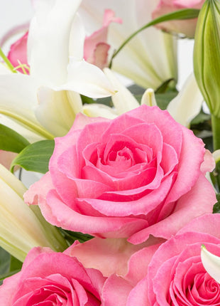 Benchmark Bouquets - Oriental Lily Flower & Pink Roses Bouquet - Fresh Flowers for Delivery - Real Flowers in a Vase - Romantic Gift Set - Easter Gifts (Glass Vase Included)