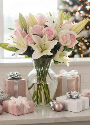 Benchmark Bouquets - Oriental Lily Flower & Pink Roses Bouquet - Fresh Flowers for Delivery - Real Flowers in a Vase - Romantic Gift Set - Easter Gifts (Glass Vase Included)