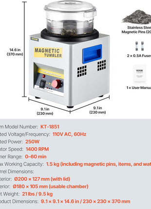 VEVOR Magnetic Tumbler, 180mm Jewelry Polisher Tumbler,2000 RPM KT-185 Jewelry Polisher Finisher with Adjustable Direction and Time for Jewelry (185mm)