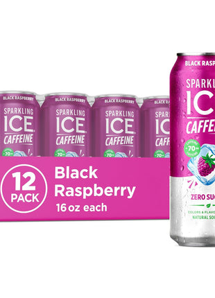 Sparkling Ice Caffeine Black Raspberry Sparkling Water with Caffeine, Zero Sugar, with Antioxidants and Vitamins,16 fl oz Cans (Pack Of 12)