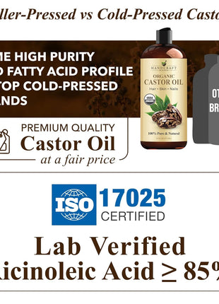 Handcraft Blends Organic Castor Oil 16 Fl Oz | 100% Pure and Natural | Premium Grade Carrier Oil | Hair, Eyelashes and Eyebrows | Hair and Body | Expeller-Pressed | Hexane-Free