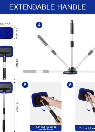 11pcs Windshield Cleaner Tool, Car Window Cleaning Wash Kit with 6 Reusable Microfiber Pads 2 Spray Bottles and Extendable Handles Auto Glass Wiper Kit, Blue