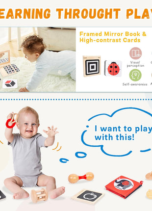 Adena Montessori Play Kit for 3-4 Months Baby,8 in 1 Wooden Learning Educational Toys for Toddler,Include Framed Mirror Book,High-Contrast Cards and More,Christmas Birthday Gift for Boys Girls