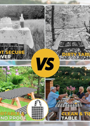 RNOONY Vinyl Fitted Picnic Table Cover with Bench Covers and Bag, 6ft Outdoor Waterproof Windproof Tablecloth with Elastic Edges. Camping RV Gear Campers Must Have 72x30 Inches 4 Pcs Set (Black)