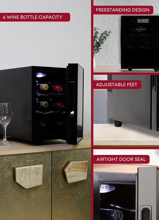 Koolatron 6 Bottle Wine Fridge – Freestanding Wine Cooler with Glass Door, 0.6 cu ft (16 L) Beverage Can Refrigerator, Digital Temperature Control, Ideal for Red, White & Sparkling Wine, Champagne