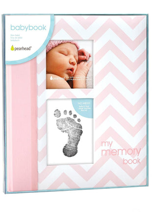 Pearhead Baby Memory Book, First 5 Years Baby Milestone Book, Pregnancy Journal, Gender Neutral Newborn Keepsake, With Clean-Touch Ink Pad For Baby's Handprint or Footprint, Pink Chevron