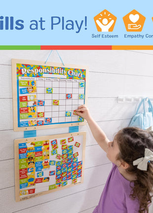 Melissa & Doug Magnetic Responsibility Chart and Kids Calendar - Wooden Chore Chart for Kids with 89 Magnets, Preschool Learning Activities for Ages 3+