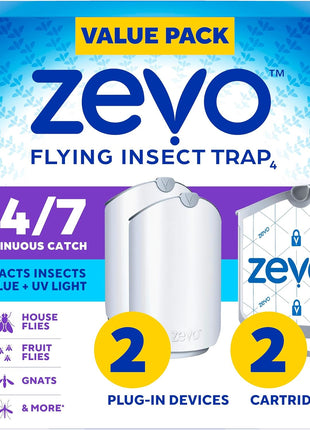 Zevo 2 Flying Insect Traps & 2 Refill Cartridges   Plug in Fly Trap & Indoor Bug Catcher for Gnats, House & Fruit Flies   Blue & UV Light Technology, Mess Free Alternative to Bug Zapper