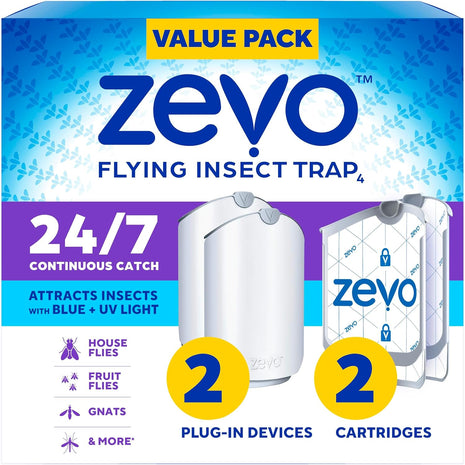 Zevo 2 Flying Insect Traps & 2 Refill Cartridges   Plug in Fly Trap & Indoor Bug Catcher for Gnats, House & Fruit Flies   Blue & UV Light Technology, Mess Free Alternative to Bug Zapper
