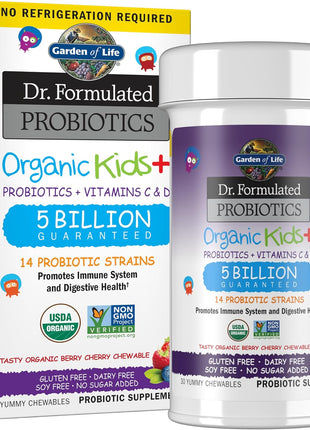 Garden of Life Dr. Formulated Probiotics Organic Kids+ plus Vitamin C & D - Berry Cherry - Gluten, Dairy & Soy Free Immune & Digestive Health Supplement, No Added Sugar, 30 Chewables (Shelf Stable)