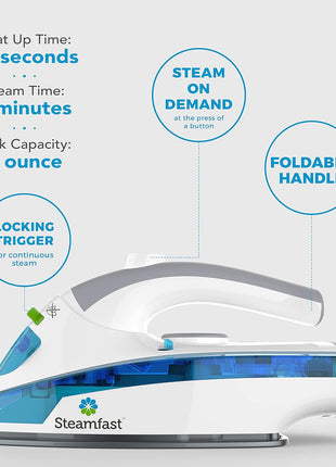Steamfast SF-710 Mini Steam Iron, Non-Stick Sole Plate, Foldable Handle, 45 Second Heat Up Time, Cord Storage, Portable, 6-Foot Power Cord, Chemical-Free Steam Power, White