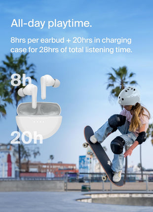 Belkin SoundForm Nano 2 Bluetooth Earbuds for Kids with Built-in Microphone, 28H Battery Life, Safe 85dB Volume, IPX5 Water Resistance - Kids Bluetooth Earbuds for iPhone, iPad, Galaxy, & More - White