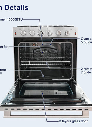 30 inch Gas Range Oven Gas Range Stove Convection Oven Stainless Steel Freestanding 5.56 cu.ft.4 Burners 42000BTU Large 3 Layers Tempered Glass Door Heavy Duty