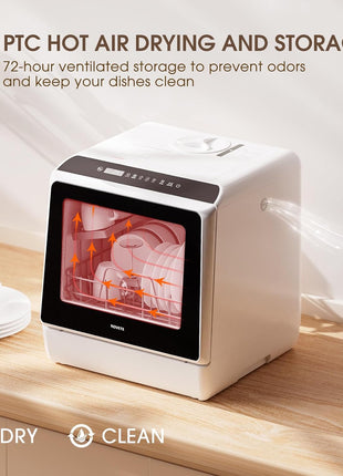 NOVETE Portable Countertop Dishwashers, Compact Dishwashers with 5L Built-in Water Tank & Inlet Hose, 5 Washing Programs, Baby Care, Air-Dry Function and LED Light for Small Apartments