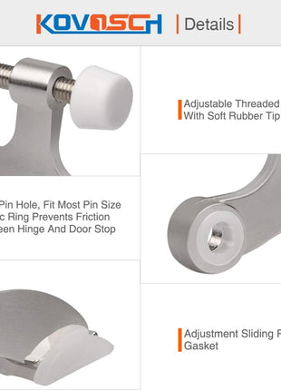 KOVOSCH 2 Pack Hinge Pin Door Stopper Brushed Satin Nickel - Adjustable Heavy Duty Hinge Pin Door Stop with White Rubber Bumper Tips