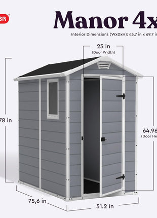 Keter Manor 4x6 Resin Outdoor Storage Shed Kit-Perfect to Store Patio Furniture, Garden Tools Bike Accessories, Beach Chairs and Lawn Mower, Grey & White