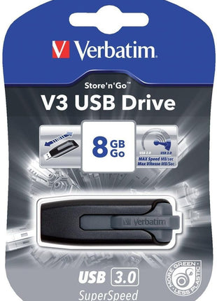 Verbatim 8GB USB 3.0 Store 'n' Go V3 Flash Drive - Cap-Less & PC/Mac Compatible - Gray
