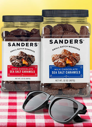 Sanders Milk Chocolate Sea Salt Caramels (32 oz Tub) – Handcrafted Small Batch Slow Cooked Caramel, Sea Salt Chocolate with Rich Indulgent Flavor, Sweet & Salty