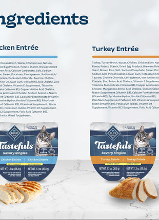 Blue Buffalo Tastefuls Savory Singles Variety Pack, 2.6 oz, 12 ct | Wet Cat Food in Gravy, Twin-Pack Trays, Chicken/Turkey Entreés, Perfectly Portioned