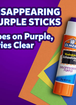 Elmer's Disappearing Purple School Glue Sticks, Washable, 22 Grams, 3 Count - Poster, Vision Board, Back to School Supplies, #1 Teacher Brand