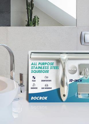 All-Purpose Stainless Steel Shower Squeegee for Shower Glass Door with 2 Adhesive Hooks, Bathroom Cleaner Tool Household Window Mirror Squeegee , Cleaning Tile Wall, Car, 10 Inch Silver