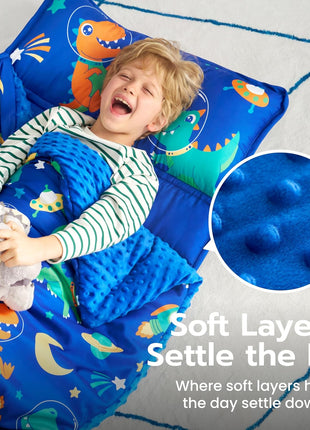 JOIEDOMI Toddler Nap Mat with Removable Pillow and Minky Blanket 55''x30'' Kids Sleeping Bag for Boys and Girls Ages 3-6 Roll Up Soft Nap Mats for Preschool Kindergarten Daycare Sleepover