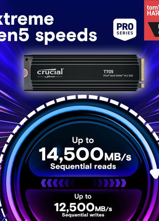 Crucial T705 PCIe Gen5 NVMe 2TB SSD with Heatsink, Up to 14,500MB/s, TLC NAND, Laptop & Desktop (PC) Compatible, for Creatives and Hardcore Gamers, Solid State Drive, 1Mo Adobe CC – CT2000T705SSD5