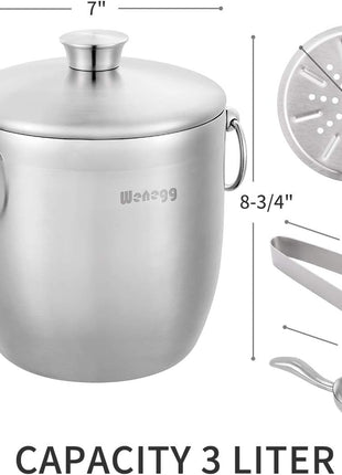 Ice Bucket with Lid, Scoop, Tongs and Strainer - Well Made Insulated Stainless Steel Keep Ice Frozen Longer - Ideal for Cocktail Bar, Parties, Chilling Wine, Champagne - 3 Liter (Stainless Steel)