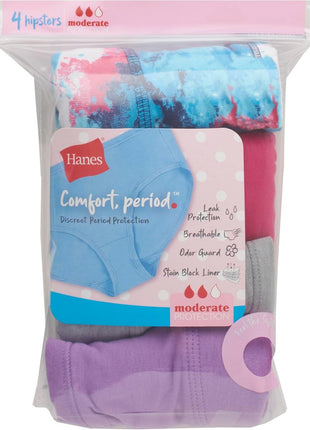 Hanes Girls' Period Underwear Hipsters, Boxer Briefs, Boyshorts, 4 or 6 Pack, Comfort Period Panties, Moderate Protection