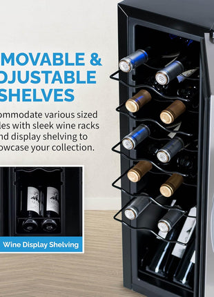 NewAir 12 Bottle Wine Cooler Refrigerator | Freestanding Wine Fridge | Stainless Steel, Double-Layer Tempered Glass Door, Quiet Compressor | 41F-64F Digital Temperature Control For Reds & Whites Wine