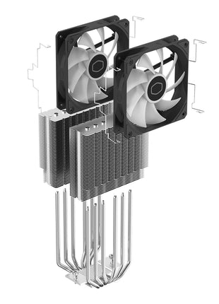 Cooler Master Hyper 620S Dual Tower ARGB CPU Air Cooler, 120mm PWM Fan, 6 Heat Pipes, Silver Nickel-Plated Copper, 154.9mm Tall, AMD Ryzen AM5|AM4, Intel LGA 1851|1700|1200 Brackets