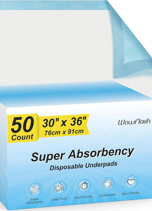 Wowflash Super Absorbency Disposable Leakproof Underpads with Quick Drying for Baby, Adults, Puppy, Dog Bed Pee Pads, Extra Large, XXL Incontinence Pads, 30" x 36", 50 Count