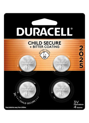 Duracell 2025 Lithium Battery, 4 Count (Pack of 1) Child Safety Features, Lithium Coin Battery for Key Fob, Car Remote, and other devices, CR2025 3 Volt (3V) Cell