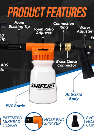 SwiftJet Car Wash Foam Gun + Microfiber Wash Mitt - Foam Cannon Works with Any Soap - Garden Hose Car Foam Sprayer - Car Wash Kit - Car Accessories Foam Blaster (Orange Foam Gun with Mitt)