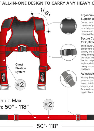X-Protector Moving Straps - 2 Pairs - Red Lifting Straps for 2 Movers | Move Furniture Easily and Safely - Perfect for Lifting & Moving Heavy Objects (Adjustable Length 50-118", with Back Support)
