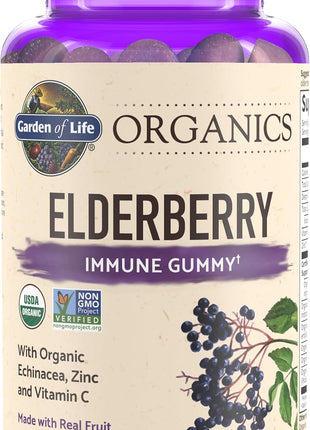 Garden of Life Organics Elderberry Gummies for Adults & Kids - Immune Support Supplement with Organic Fruit, Herbal Blend, Elderberry, Echinacea, Zinc, Vitamin C, 120 Vegan Gluten Free Gummies