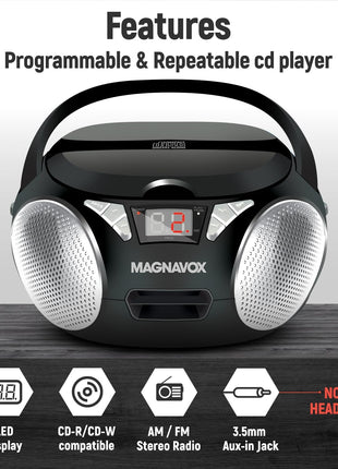 Magnavox MD6924 Portable Top Loading CD Boombox with AM/FM Stereo Radio in Black | CD-R/CD-RW Compatible | LED Display | AUX Port Supported | Programmable CD Player |