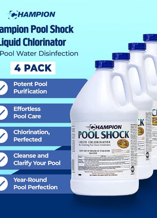 CPDI Champion 4-Pack Pool Shock Liquid Chlorine, 12.5 Sodium Hypochlorite, 1 Gallon – Ready-to-Use Treatment for Clear Water and Algae Control in Above Ground & Inground Swimming Pools