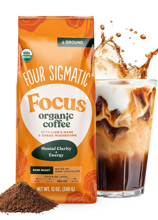 Four Sigmatic Organic Focus Mushroom Ground Coffee | Dark Roast, Organic Coffee with Lion's Mane & Chaga Mushroom for Mental Clarity & Energy Support | 12oz Bag