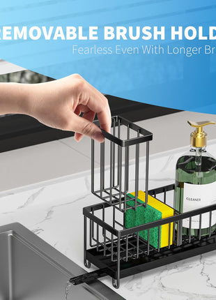 Cisily Sponge Holder for Kitchen Sink, Sink Caddy Organizer with High Brush Holder, Kitchen Countertop Organizers and Storage Essentials, Rustproof 304 Stainless Steel (Black, 9.25′′)