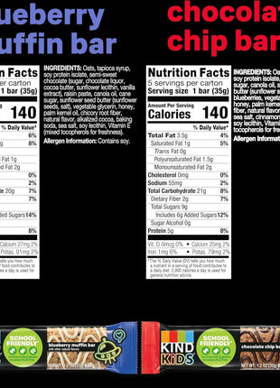 KIND Kids School Friendly Blueberry Muffin and Chocolate Chip Oat Bars Variety Pack, Tree Nut and Peanut Free, Gluten Free, Made With Whole Grain Oats, 5g Protein, 10 Count
