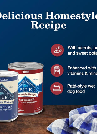 Blue Buffalo Homestyle Recipe Adult Wet Dog Food,Made with Natural Ingredients,Chicken and Beef Dinner Variety Pack,12.5-oz Cans,(Pack of 12)