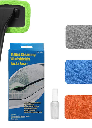 Car Windshield Cleaning Tool, Windshield Cleaner with 4 Washable and Reusable Microfiber Pads and Extendable Handle, for Auto Glass Wiper