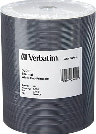 Verbatim DVD-R 4.7GB 16X DataLifePlus White Thermal Printable, Hub Printable - 100Pk Tape Wrap