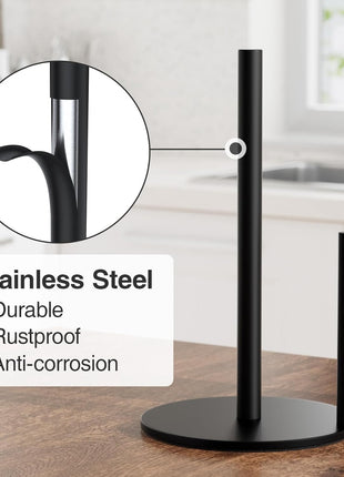 Paper Towel Holder Black, Premium Stainless Steel Kitchen Roll Dispenser, Countertop Roll Organizer with Weighted Base